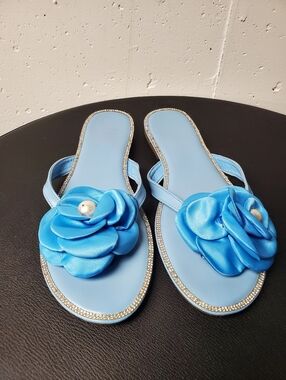 Blue Floral Satin Slide Sandals with Pearl Accent Ninety Union Sz 12